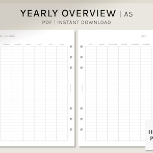 以下が含まれることがあります： 黒と白の印刷可能なA5年間の概要プランナーで、各月ごとにグリッドレイアウトが使用されています。このプランナーは、ディスクバインディングシステムで使用するために設計されています。右ページの上部に「YEAR」というテキストがあります。