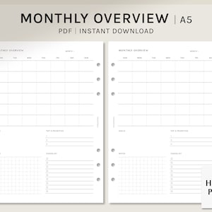 Undated Monthly Overview Printable | A5 Planner Inserts | For Ring binder | Calendar, Checklist, Notes, Priorities at a glance