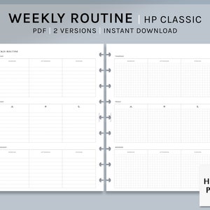 May include: Printable weekly routine planner in two versions: lined and grid. The planner is designed for use with Happy Planner Classic disc bound notebooks. The planner includes sections for Monday through Sunday, with space for morning, afternoon, and evening activities. The planner is labeled "Weekly Routine | HP Classic | PDF | 2 Versions | Instant Download" and "HAROO PLANS".