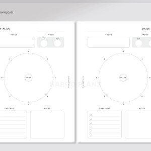 May include: A printable daily planner with two pages. Each page has a section for focus, mood, a circular time tracker, a checklist, and notes. The time tracker is divided into 12 hours.