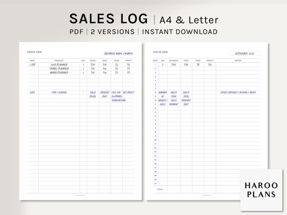Sales Log | A4, US Letter Printable Planner Inserts | Order Tracker | Monthly Profit Overview PDF | Business Template | Digital Download