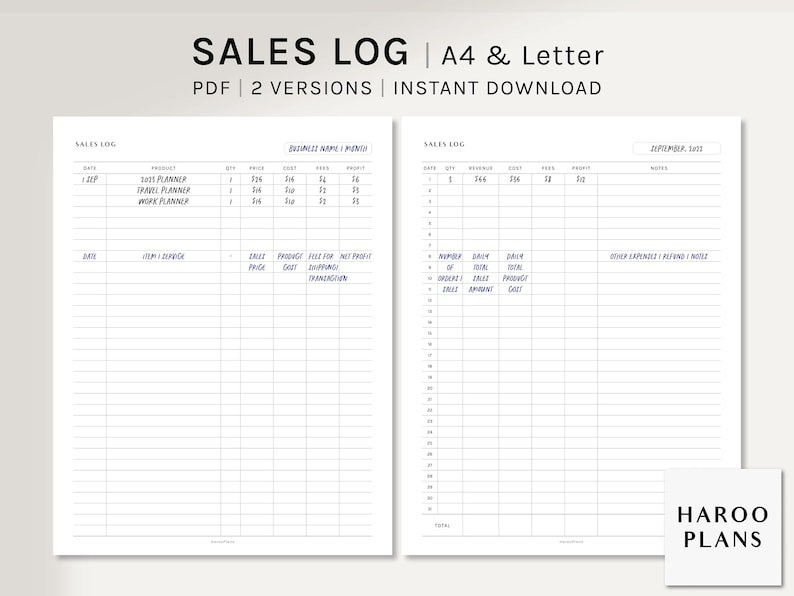 以下が含まれることがあります： PDF 形式の印刷可能な売上ログテンプレート。テンプレートには、製品の売上を追跡するためのバージョンと、収益、費用、手数料を追跡するためのバージョンの 2 つが含まれています。テンプレートは、A4 サイズとレターサイズの用紙で使用するために設計されています。