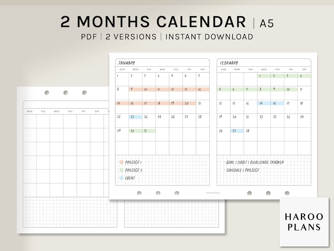 2 Month Calendar A5 Printable Planner Inserts Two Months on 1 Page ...