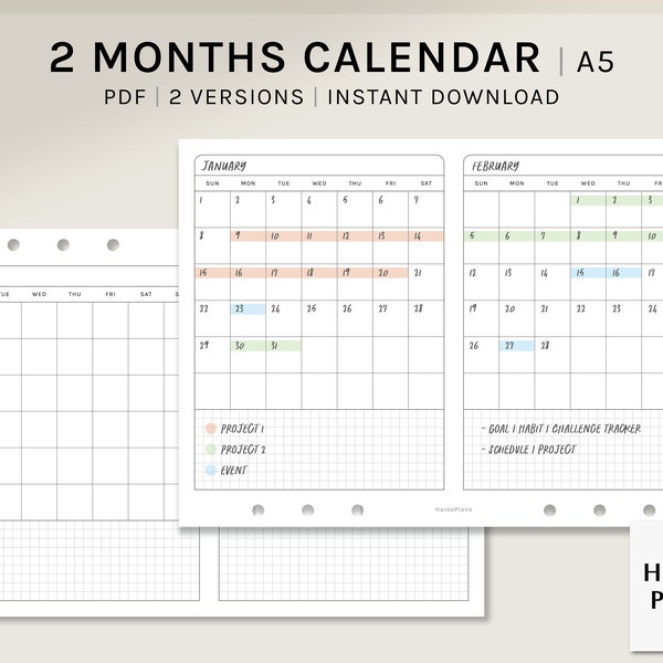 2 Month Calendar | A5 Printable Planner Inserts | Two Months on 1 Page Template | Monthly Agenda PDF | Horizontal Layout | Digital Download