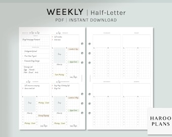 Weekly Planner | Half-Letter Printable Planner Inserts | WO2P Layout Template | Schedule Organizer | 24 Hours Timetable | Digital Download