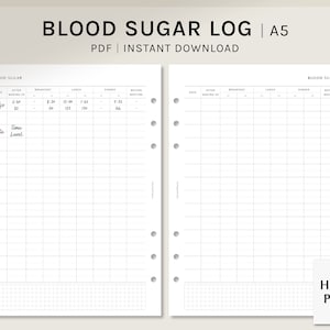 Blood Sugar Log | A5 Printable Planner Inserts | Blood Glucose level Tracker Template | Health Journal Sheet for Diabetes | Digital Download