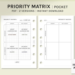 May include: A printable priority matrix planner in black and white with the title "Priority Matrix Pocket" and the text "PDF | 2 Versions | Instant Download". The planner is divided into four quadrants labeled "Urgent & Important", "Not Urgent & Important", "Urgent & Not Important", and "Not Urgent & Not Important".