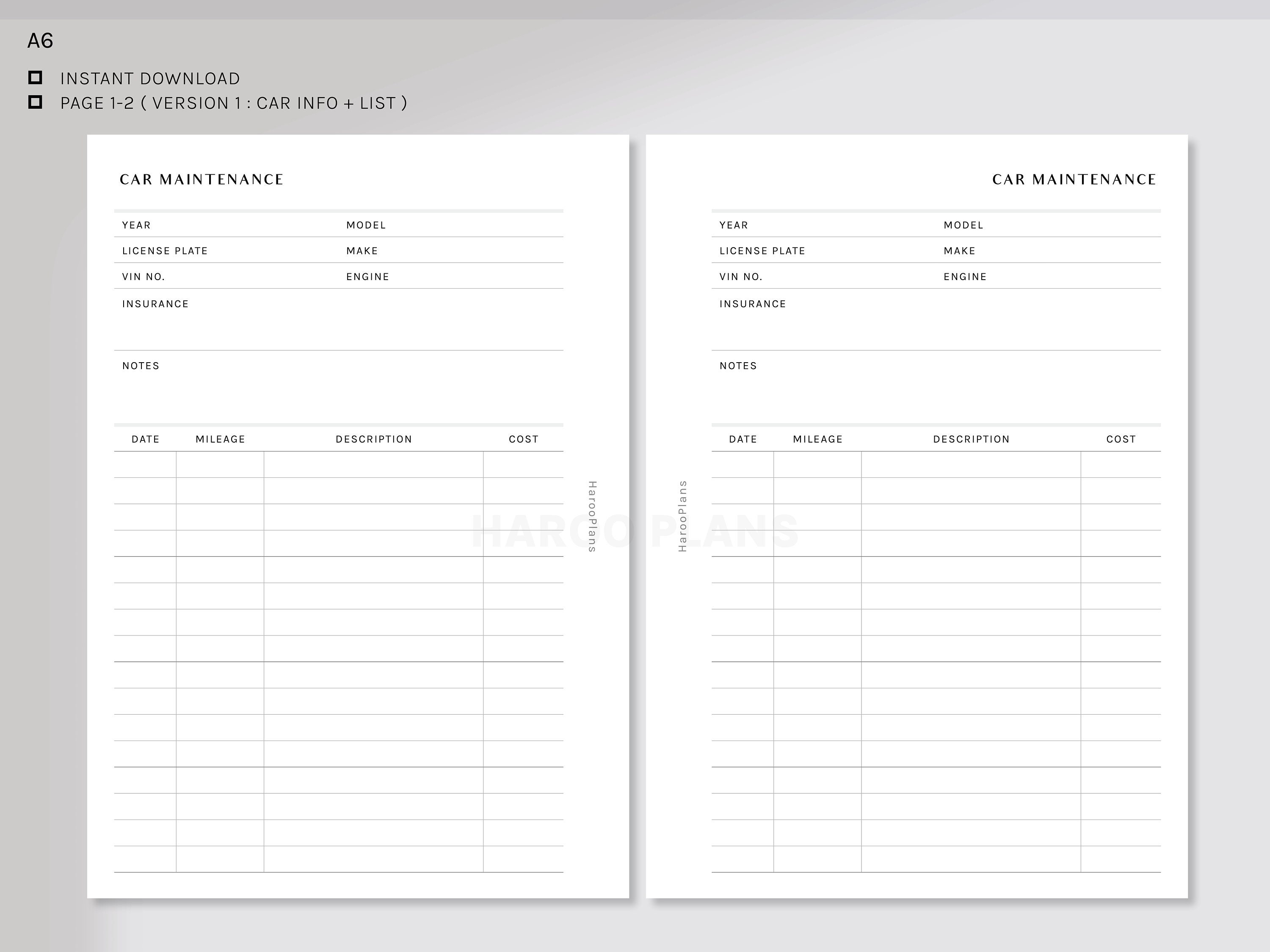 Car Maintenance | A6 Printable Planner Inserts | Auto Repair Log ...