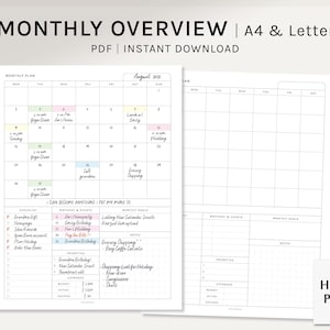 Monthly Overview | A4, US Letter Printable Planner Inserts | MO1P Layout | Month on one page Template | Calendar PDF | Digital Download