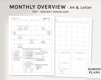 Monthly Overview | A4, US Letter Printable Planner Inserts | MO1P Layout | Month on one page Template | Calendar PDF | Digital Download