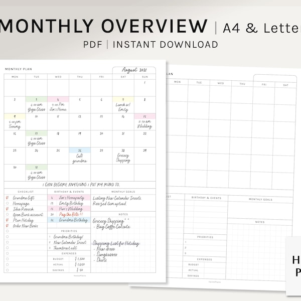 Monthly Overview | A4, US Letter Printable Planner Inserts | MO1P Layout | Month on one page Template | Calendar PDF | Digital Download