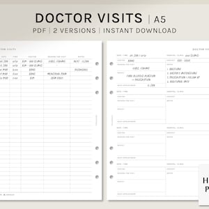Puede incluir: Un planificador de citas médicas imprimible con un diseño en blanco y negro. El planificador incluye secciones para la fecha, la hora, el médico, la razón de la visita, los resultados, la próxima cita, el hospital, la clínica, el contacto y las notas.