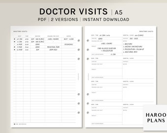 May include: A printable doctor's appointment planner with a black and white design. The planner includes sections for date, time, doctor, reason for visit, results, next appointment, hospital, clinic, contact, and notes.