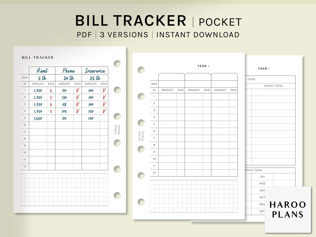 Bill Tracker | Pocket Ring Printable Planner Inserts | Spending Log ...