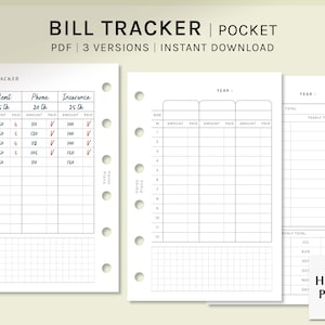 Bill Tracker | Pocket Ring Afdrukbare Planner Inserts | Indeling | uitgavenlogboek Factuur Betaling Checklist Sjabloon PDF | Digitaal downloaden