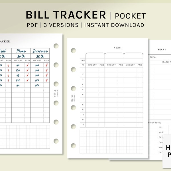 Bill Tracker | Pocket Ring Printable Planner Inserts | Spending Log Layout | Bill Payment Checklist Template PDF | Digital Download