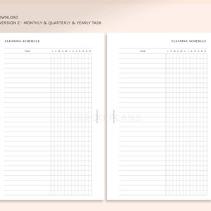 May include: A printable cleaning schedule planner with two pages. The left page has a grid with columns for each month of the year and rows for tasks. The right page has a list of tasks with columns for each month of the year.