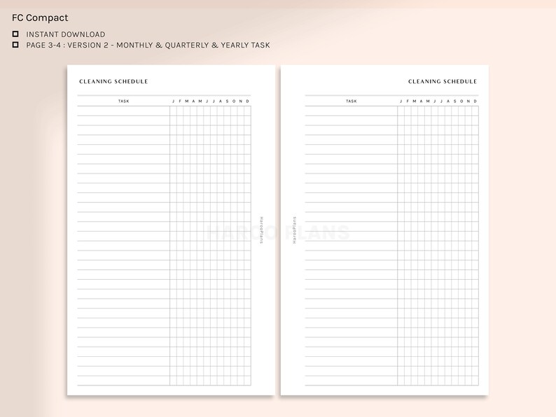 May include: A printable cleaning schedule planner with two pages. The left page has a grid with columns for each month of the year and rows for tasks. The right page has a list of tasks with columns for each month of the year.