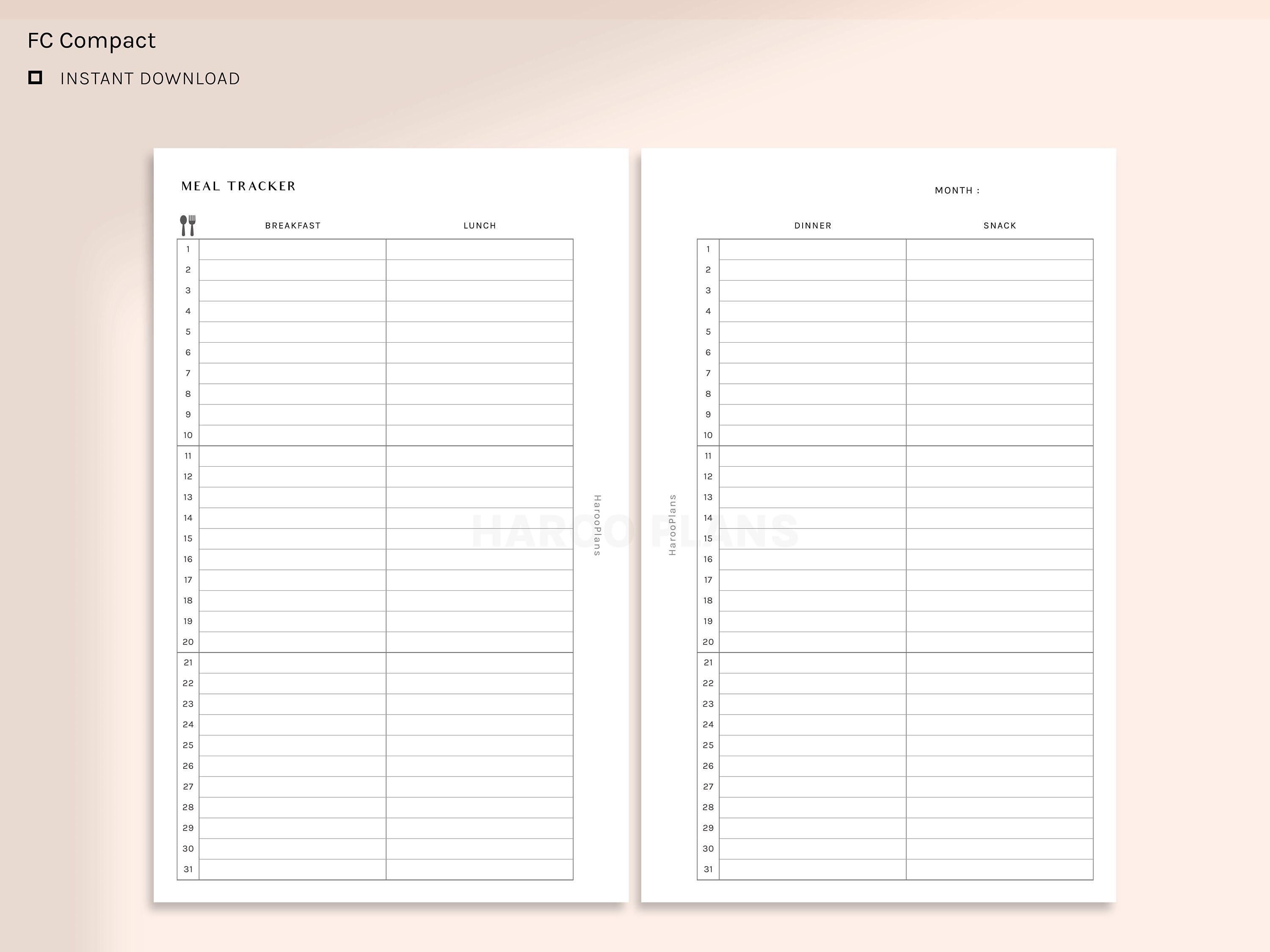 Monthly Meal Tracker | FC Compact Printable Planner Inserts | MO2P Diet ...