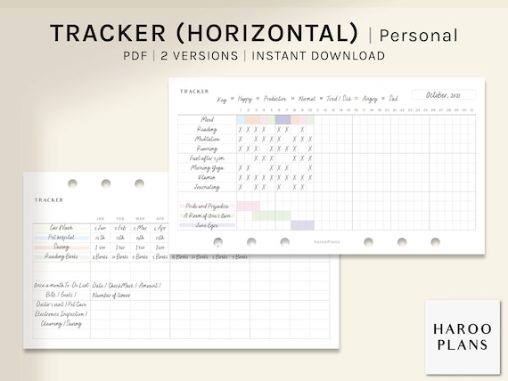 Monthly Tracker | Personal Size Printable Planner Inserts | Habit Bills Chores Task Log Template | Horizontal Layout PDF | Digital Download