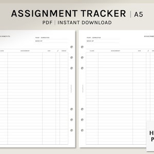 Assignment Tracker Sheet | A5 Printable Planner Inserts | Homework List Template | Simple College Student Organizer PDF | Digital Download