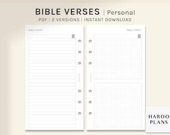 May include: Printable PDF planner pages for a personal sized planner. The pages are designed for writing bible verses and include two different styles: lined and grid. The text on the page reads "Bible Verses | Personal | PDF | 2 Versions | Instant Download".