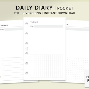 May include: Three printable daily diary pages in a pocket size. The pages are blank, lined, and gridded. The text "TODAY IS" is at the top of each page. The text "HAROO PLANS" is at the bottom of the page.