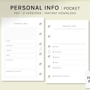 Personal Information Page | Pocket Ring | Personal Data Sheet Printable Planner Inserts | Contact Info Layout | Digital Download