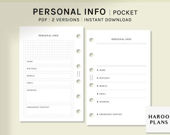 Personal Information Page | Pocket Ring | Personal Data Sheet Printable Planner Inserts | Contact Info Layout | Digital Download