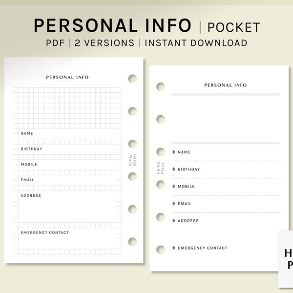 Personal Information Page | Pocket Ring | Personal Data Sheet Printable Planner Inserts | Contact Info Layout | Digital Download