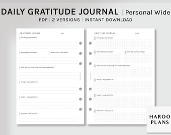 May include: A printable daily gratitude journal with two versions, one with lined pages and one with gridded pages. The journal includes prompts such as "How do you feel today?" and "What was the best thing that happened today?"  The journal is designed for personal use and is available for instant download.