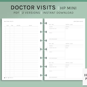 Könnte beinhalten: Ein druckbarer Arzttermin-Tracker für einen Happy Planner Mini. Der Tracker hat Abschnitte für Datum, Uhrzeit, Arzt, Krankenhaus oder Klinik, Grund für den Besuch, Ergebnisse und Notizen. Der Tracker hat auch einen Abschnitt für den nächsten Termin. Der Tracker ist in Schwarzweiß mit grünem Hintergrund.