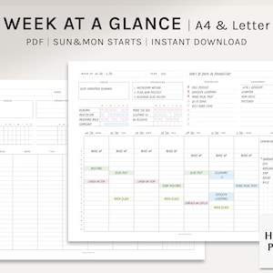 Könnte beinhalten: Ein druckbarer Wochenplaner im PDF-Format mit einem schwarz-weißen Design. Der Planer enthält Abschnitte für tägliche Aufgaben, wöchentliche Ziele und eine To-Do-Liste. Der Planer ist für die Verwendung mit einem Sonntagsstart konzipiert.
