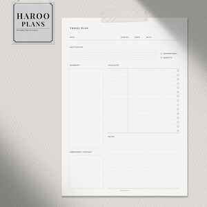May include: A printable travel planner with sections for date, destination, summary, checklist, notes, and emergency contact. The planner is designed for both international and domestic travel.