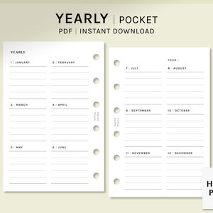 Yearly Planner | Pocket Ring Printable Planner Inserts | Blank Yearly Overview Layout | Year on 2 Page Template | Digital Download