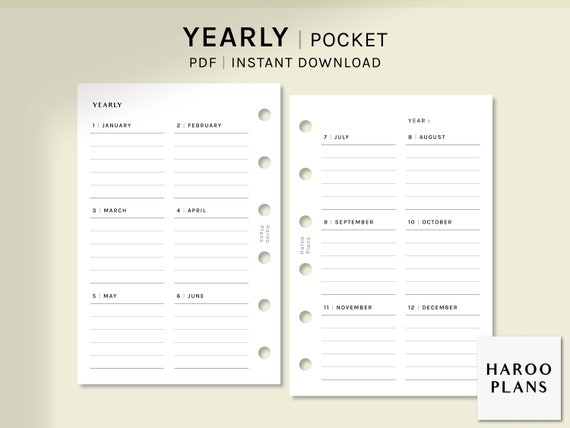 Yearly Planner | Pocket Ring Printable Planner Inserts | Blank Yearly Overview Layout | Year on 2 Page Template | Digital Download