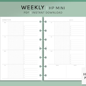 Könnte beinhalten: Ein schwarz-weißer druckbarer Wochenplaner für einen Happy Planner Mini. Der Planer hat ein Rasterlayout für jeden Tag der Woche mit Platz für Notizen und Ziele.