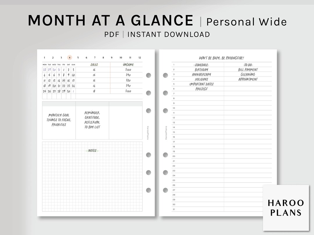 Month at a Glance | Personal Wide Printable Planner Inserts | Undated ...
