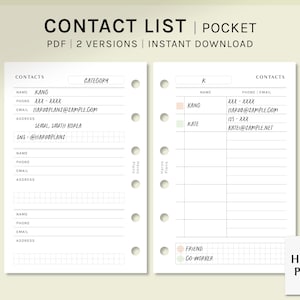 May include: A printable contact list template for a pocket-sized planner. The template has two versions, one with a category column and one with a name column. The template includes space for name, phone number, email address, and additional information. The template is designed for use with a disc-bound planner.