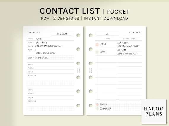 Contact List Sheet Pocket Size Printable Planner Inserts - Etsy