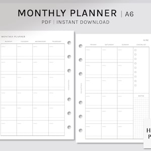 Undated Monthly Printable Planner Inserts | A6 | MO2P Template PDF | Blank Calendar | Monday, Sunday Starts