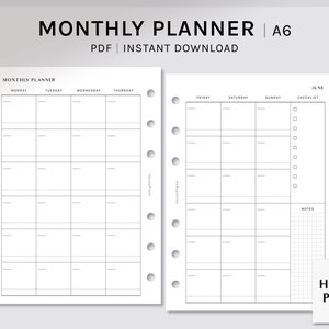 Undated Monthly Printable Planner Inserts | A6 | MO2P Template PDF | Blank Calendar | Monday, Sunday Starts