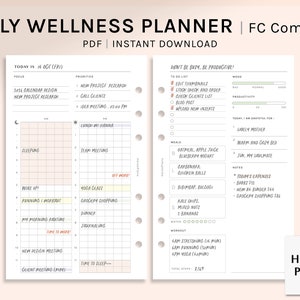 Op de afbeelding: Een dagelijkse wellnessplanner in roze en wit. De planner is verdeeld in twee secties: een dagelijks schema en een to-dolijst. Het dagelijkse schema bevat secties voor slapen, werken, rennen en yoga. De to-dolijst bevat secties voor maaltijden, notities en trainingen. De planner bevat ook een sectie voor dankbaarheid en een sectie voor het bijhouden van stappen. De planner is ontworpen om mensen te helpen georganiseerd te blijven en hun wellnessdoelen te volgen.