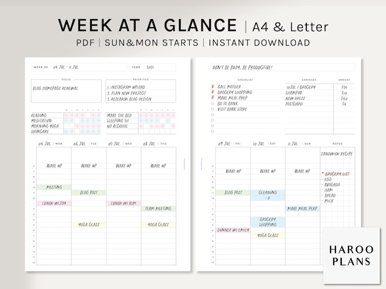 Week at a Glance | A4, US Letter | Printable Planner Inserts ...