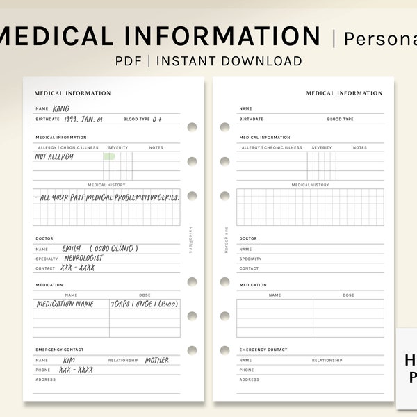 Medizinische Informationen | Druckbare Planer-Einlagen in persönlicher Größe | Einfaches Gesundheitsinformationsblatt | Arztliste Medikationsbuch PDF | Digitaler Download