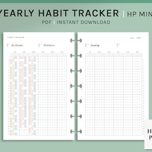 May include: A black and white printable habit tracker for a HP Mini planner. The tracker has three sections: "No Alcohol", "Meditation", and "Reading". Each section has a grid with days of the week and months of the year. The tracker is designed to help people track their progress towards their goals.
