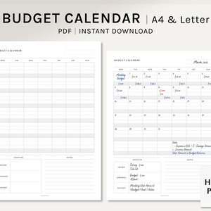 Budget Calendar | A4, US Letter Printable Planner Inserts | Monthly Budget Log | Financial Template | Income and Expense | Digital Download