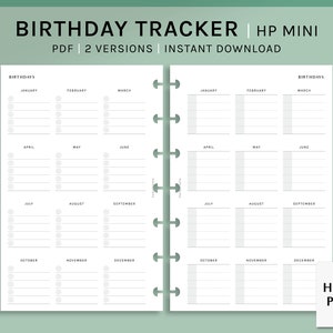 Könnte beinhalten: Ein druckbarer Geburtstagstracker für einen Happy Planner Mini. Der Tracker ist in 12 Monate unterteilt, mit Platz zum Schreiben von Namen und Daten. Der Tracker ist in Schwarzweiß.