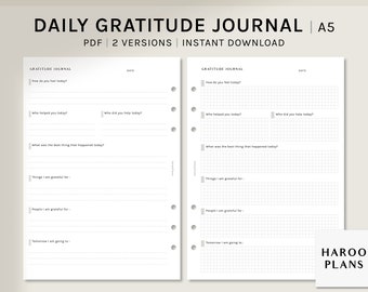 May include: A printable daily gratitude journal in A5 size, with two versions. The journal has prompts for reflecting on how you feel, who you helped, what was the best thing that happened, things you are grateful for, people you are grateful for, and what you are going to do tomorrow. The journal is designed for use with a disc-bound planner.