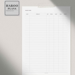 以下が含まれることがあります： 「SALES LOG」というタイトルと、「DATE」、「PRODUCT」、「QTY」、「PRICE」、「COST」、「FEES」、「PROFIT」という列見出しが付いた、印刷可能な売上ログシートです。